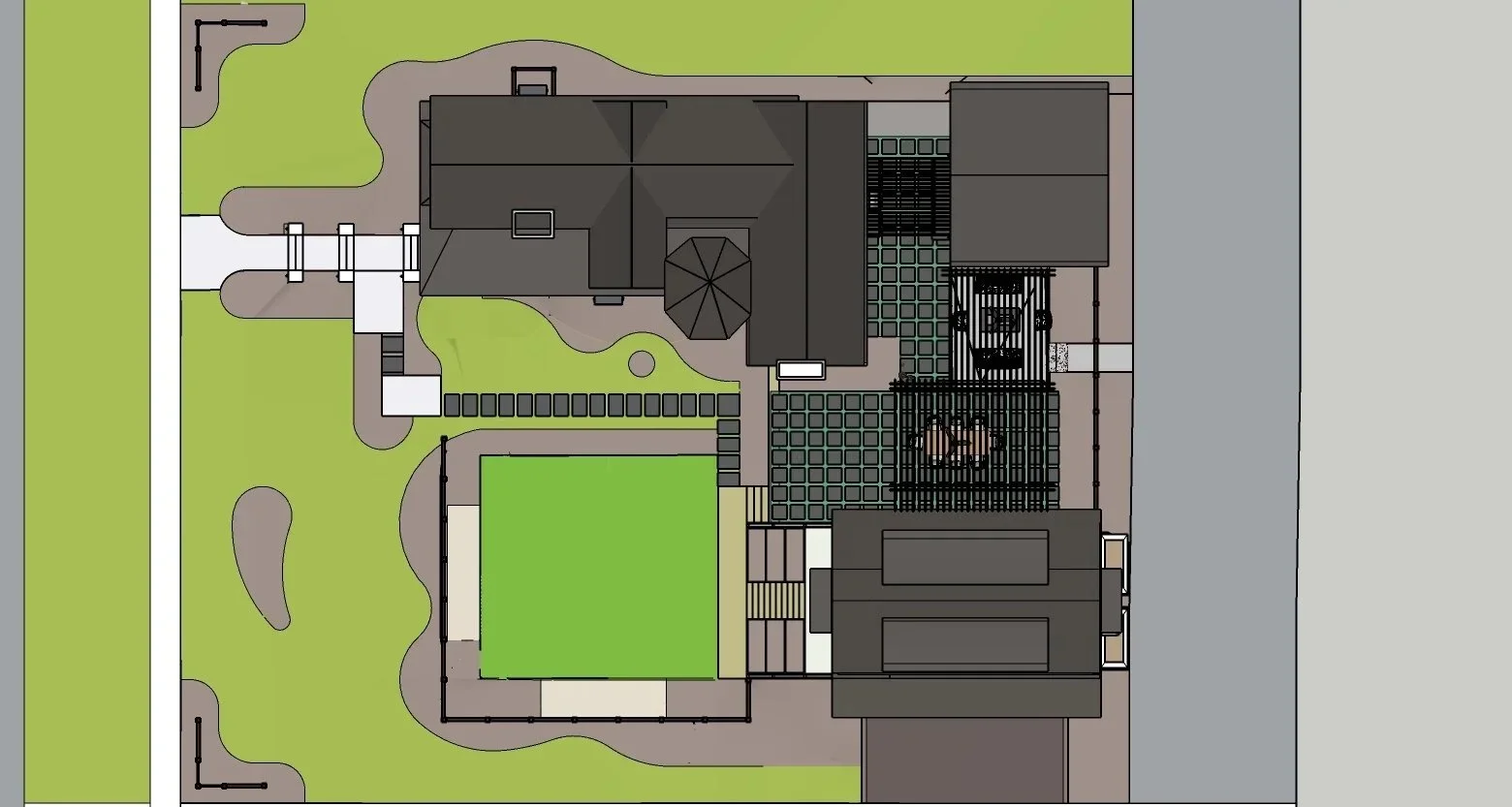 A top-down view of a residential property layout including a house, patio, walkway, lawn, and landscaped yard with various paved and grassy areas.