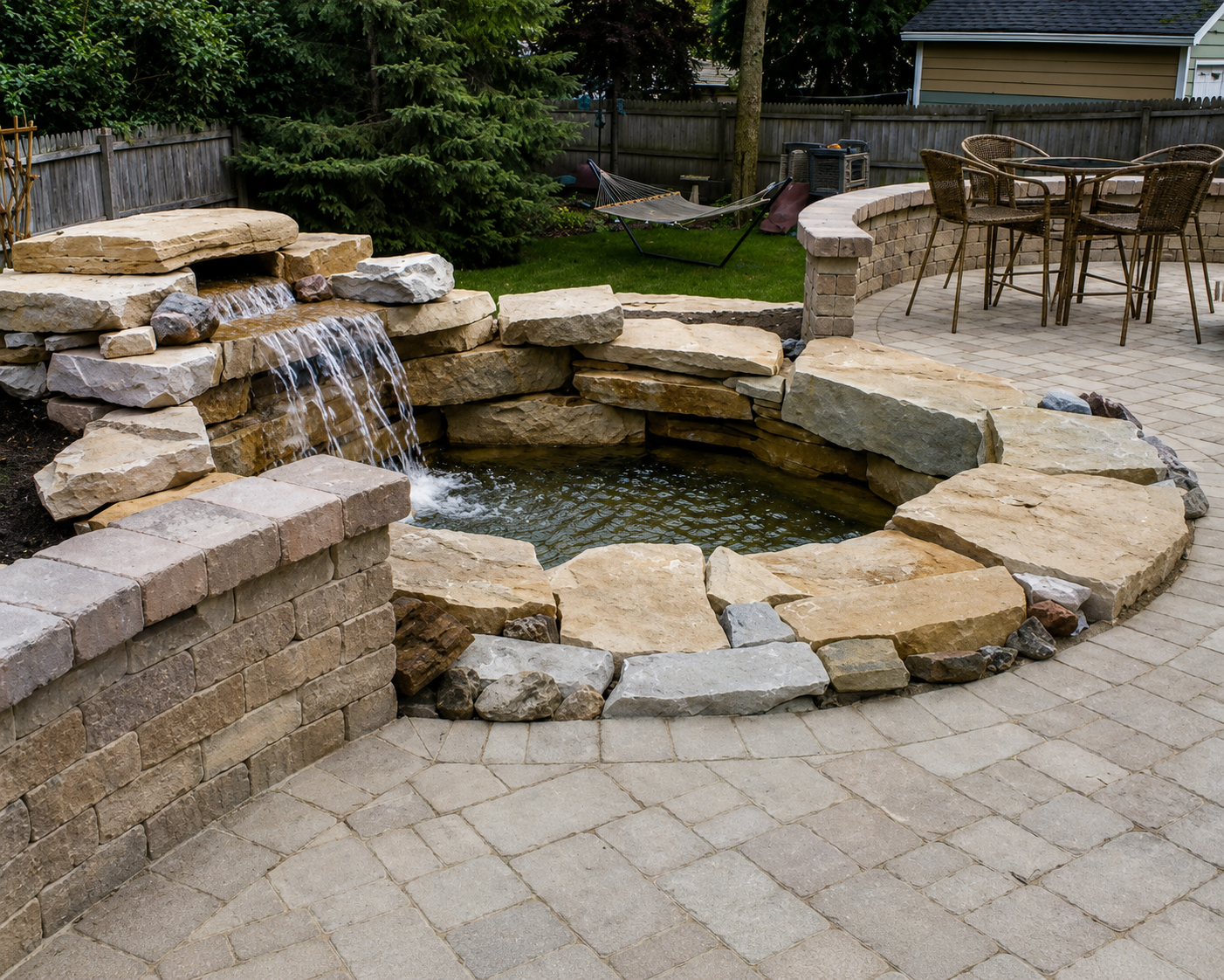 Backyard patio with a stone pond featuring a small waterfall, surrounded by brick and stone patio paving, with outdoor furniture, a hammock, and green trees in the background.