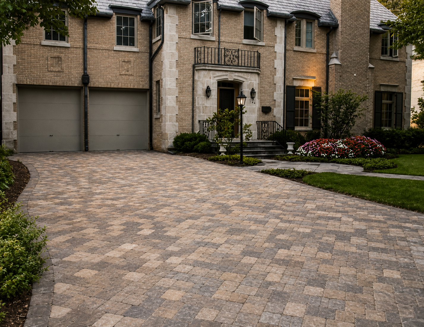 Front view of a large brick house with a cobblestone driveway, landscaped garden, and a dark gray garage door, with outdoor steps leading to the front door and flowers on the right side.