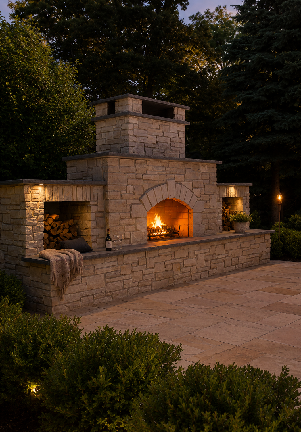 Stone outdoor fireplace with a fire burning, flanked by wood storage areas, a bottle of wine and two glasses on the ledge, surrounded by trees and patio lighting.