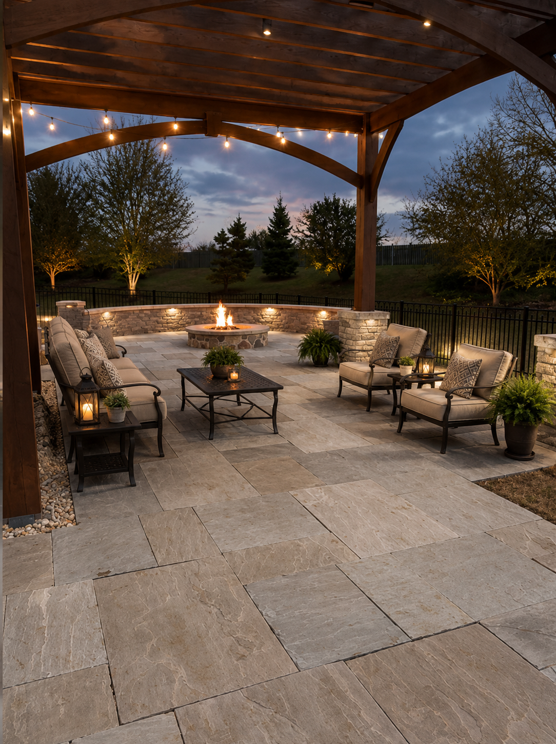 Outdoor patio area with seating, fire pit, string lights, and landscaped yard at dusk.