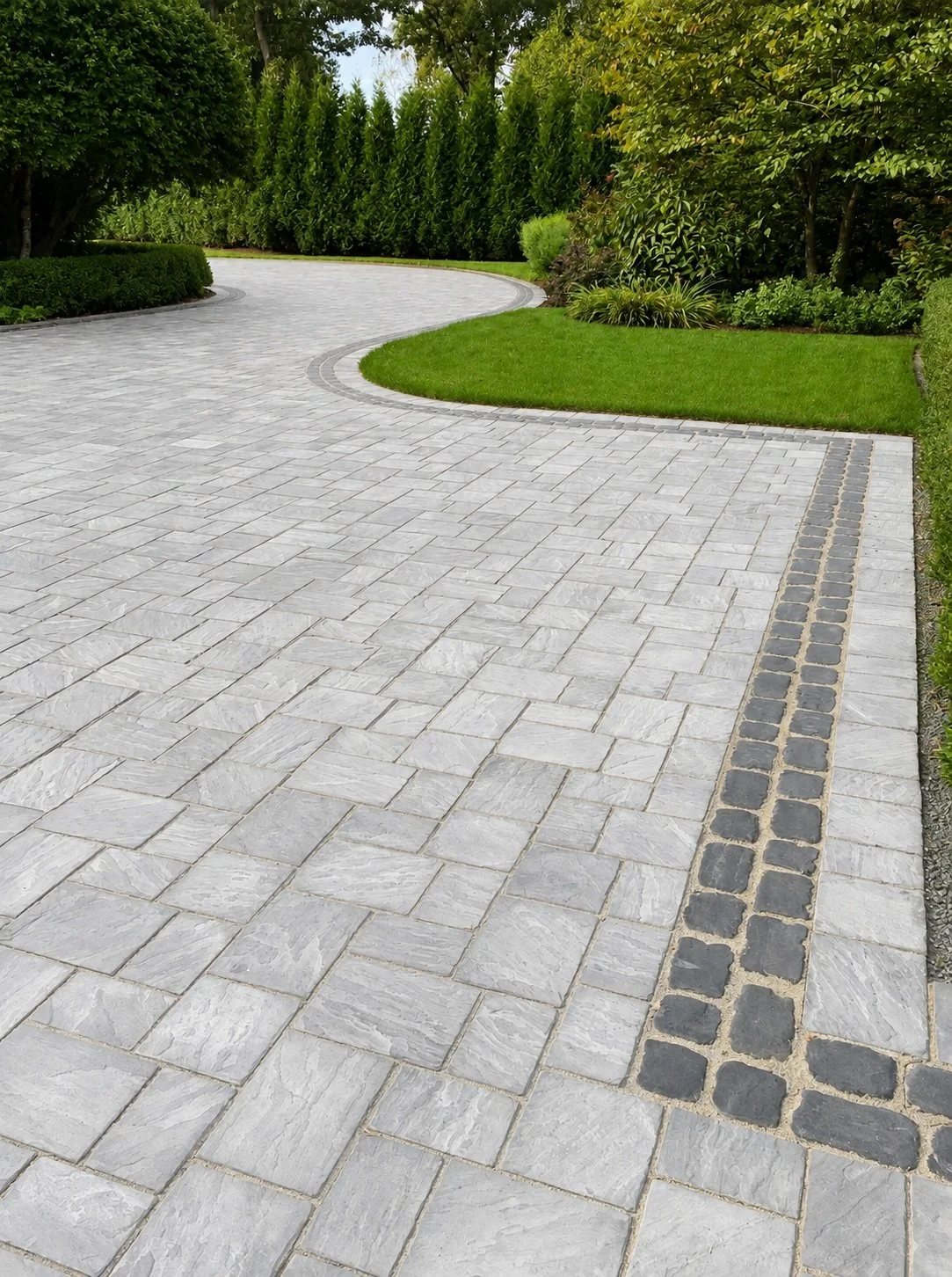 Curved driveway made of light gray paving stones with a border of darker stones, surrounded by green grass and lush bushes.