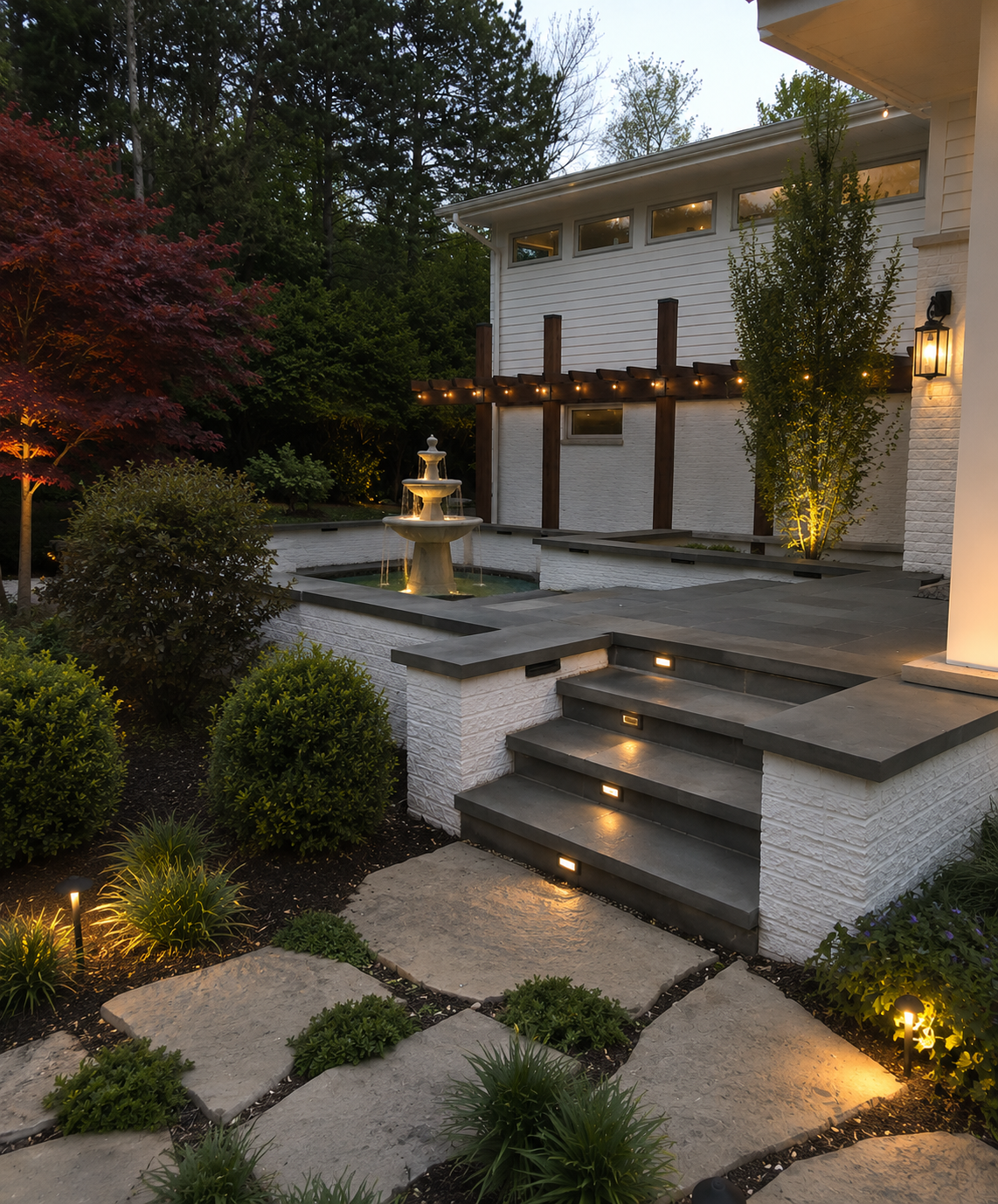 A modern backyard with a white multi-story house, a tiered fountain, landscaped plants, and stone steps illuminated by outdoor lighting at dusk.