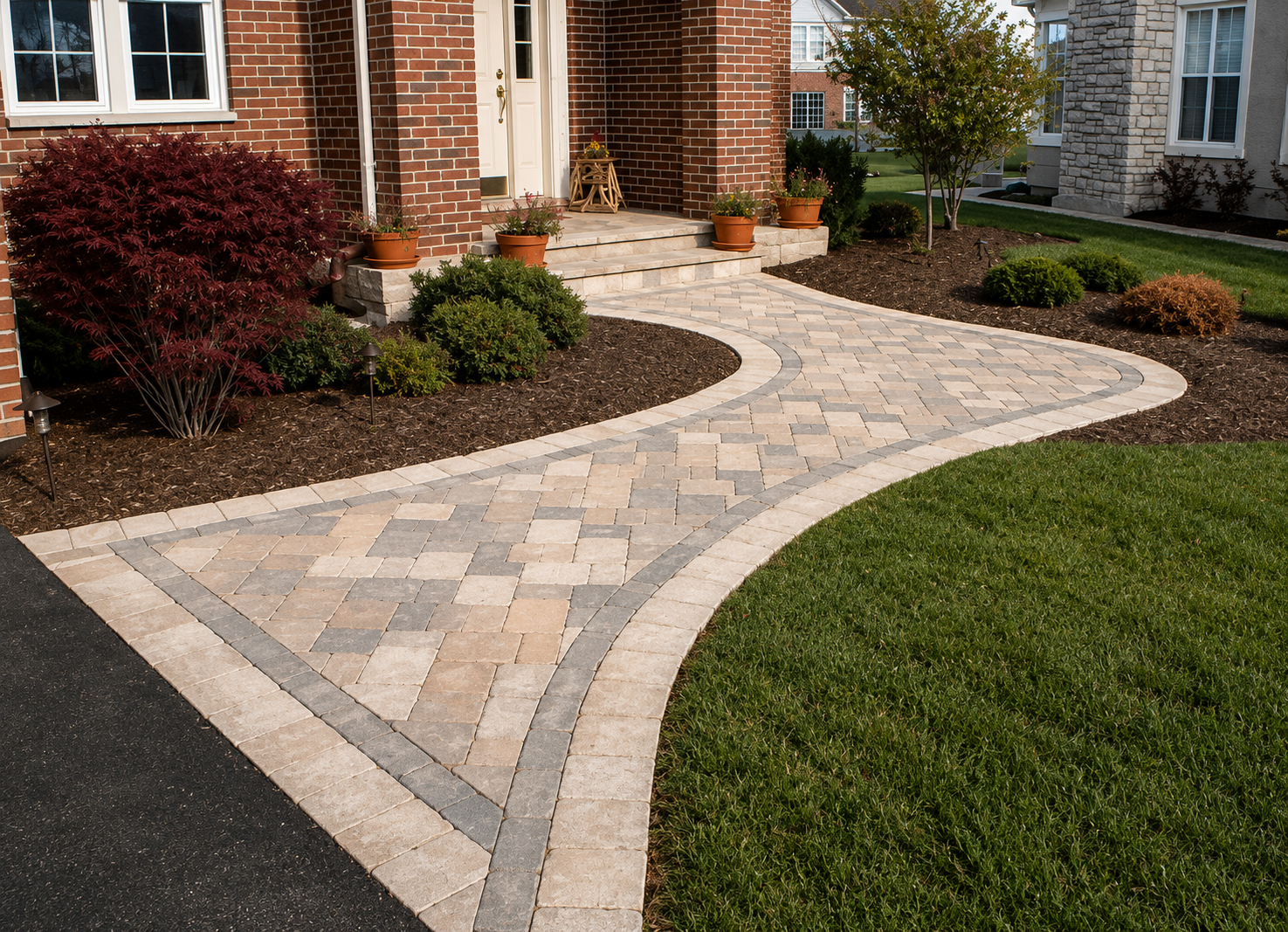 Curving paved walkway in front of a brick house with steps, potted plants, and landscaped garden beds with shrubs and mulch.