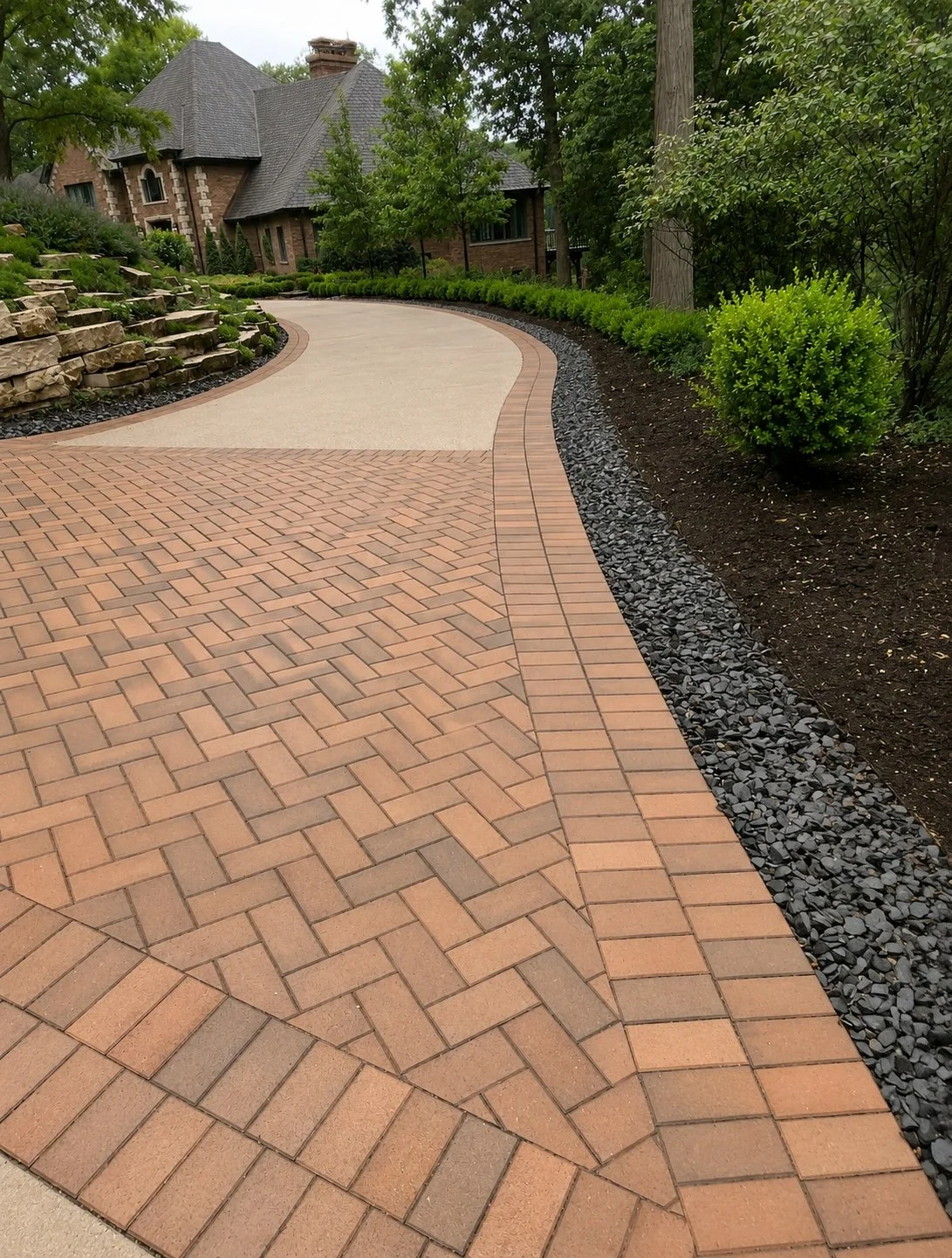 Curved landscaped driveway with brick and concrete pavers, surrounded by greenery and a house in the background.