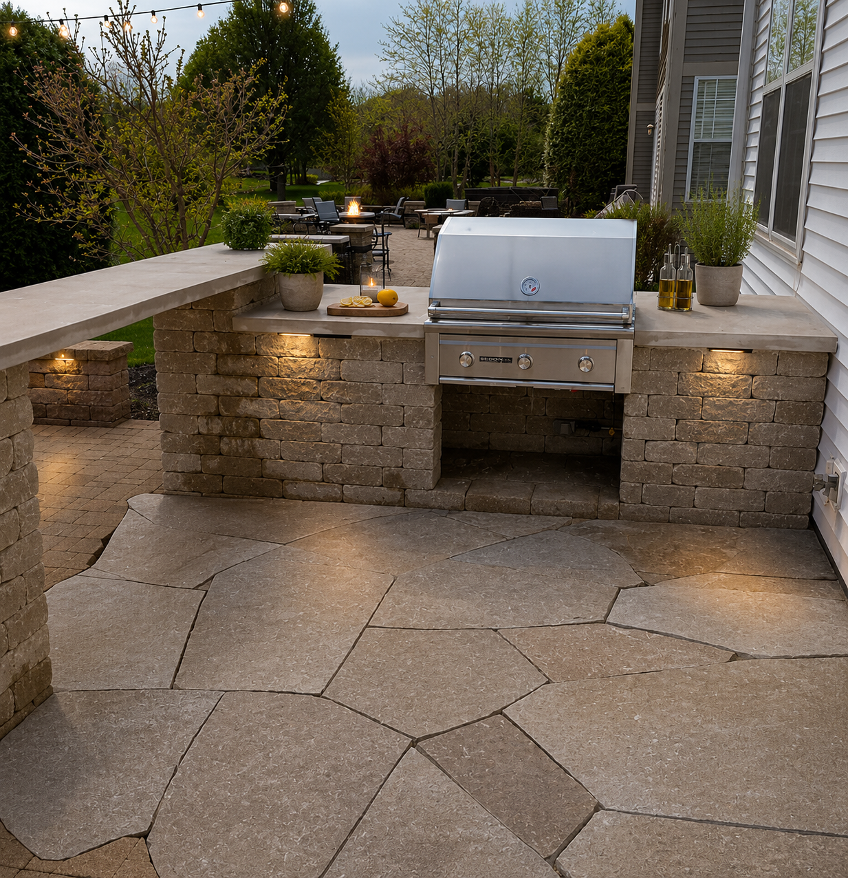 Outdoor kitchen with stainless steel grill built into a stone countertop, decorated with plants and olive oil bottles, overlooking a patio with string lights and a lush garden in the background.