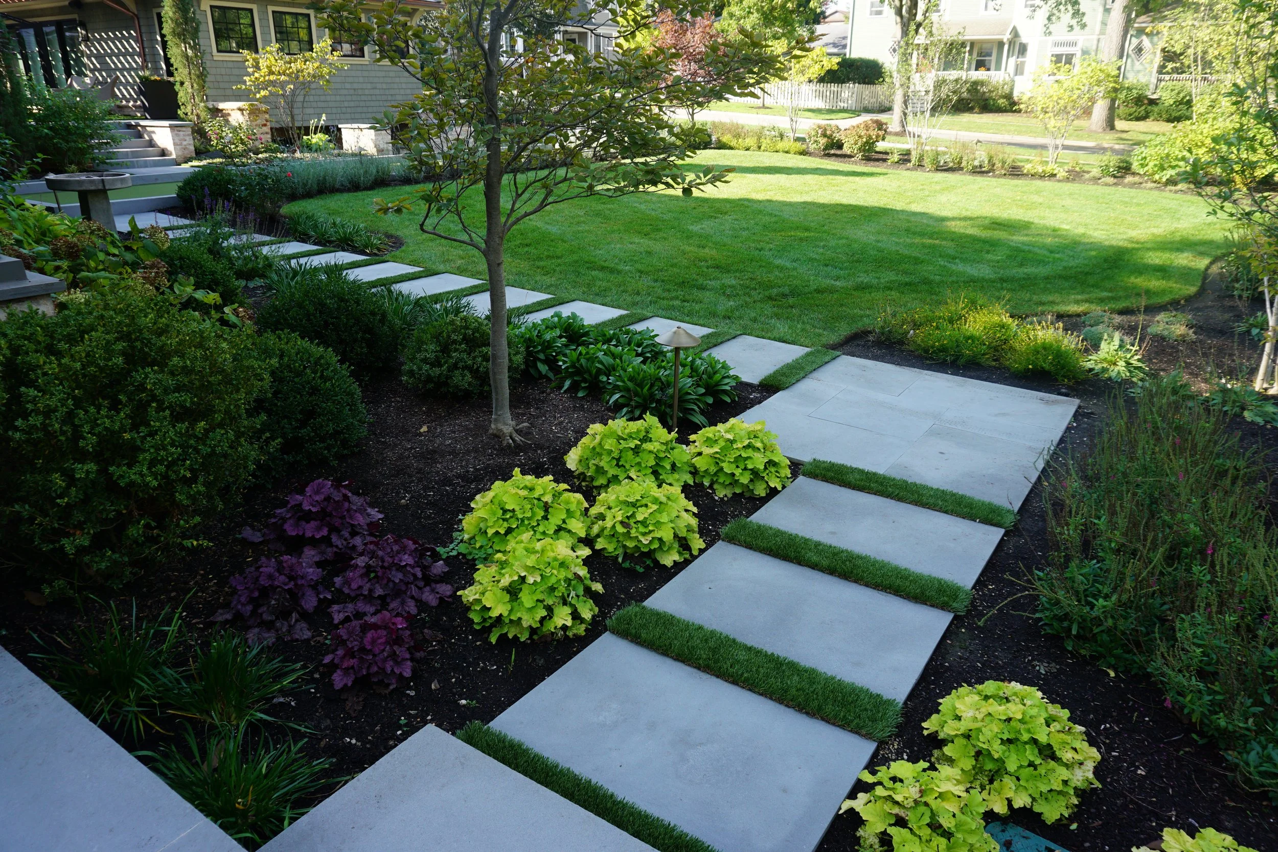 A backyard garden with a stepping stone pathway, a small tree, and various plants and bushes, surrounded by grass and residential houses.