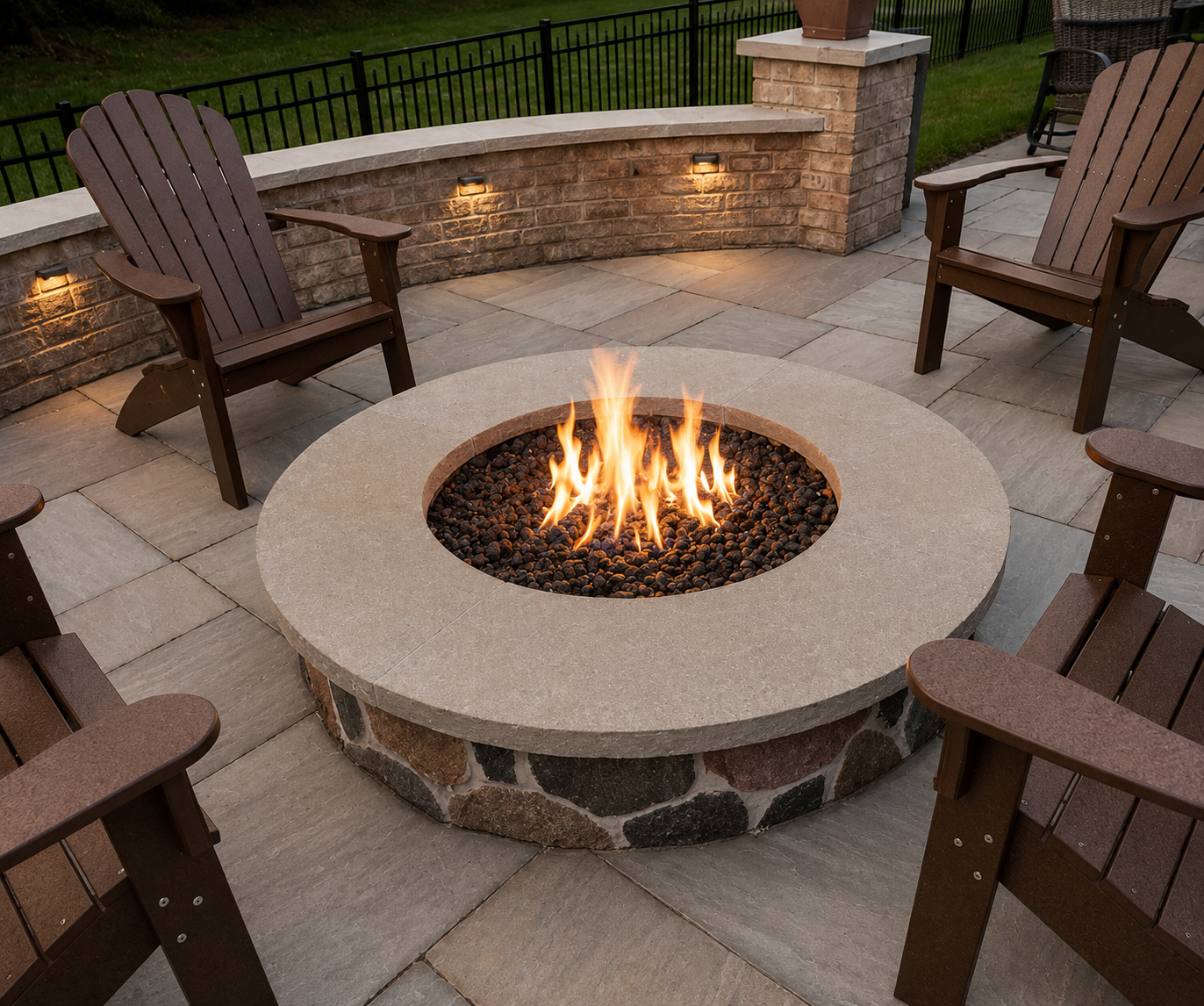 Outdoor patio with a fire pit surrounded by wooden Adirondack chairs, a stone fence, and brick columns with lighting