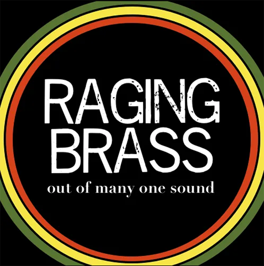 A circular logo with green, yellow, and red concentric rings around a black background. In the center, white text reads "RAGING BRASS" with a smaller subtitle "out of many one sound" beneath it.