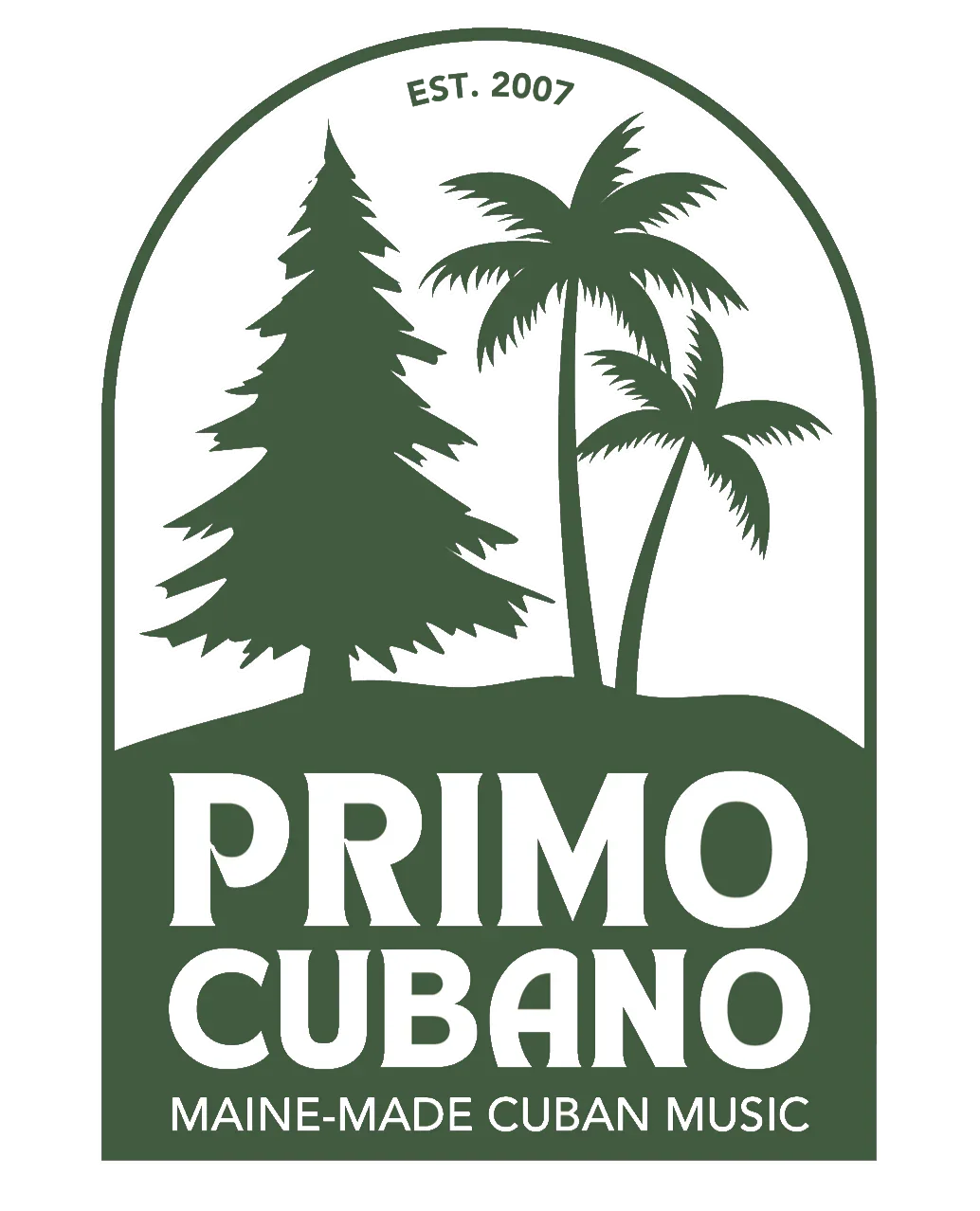 Logo of Primo Cubano featuring trees and palm trees with the text "Primo Cubano" and "Maine-Made Cuban Music".