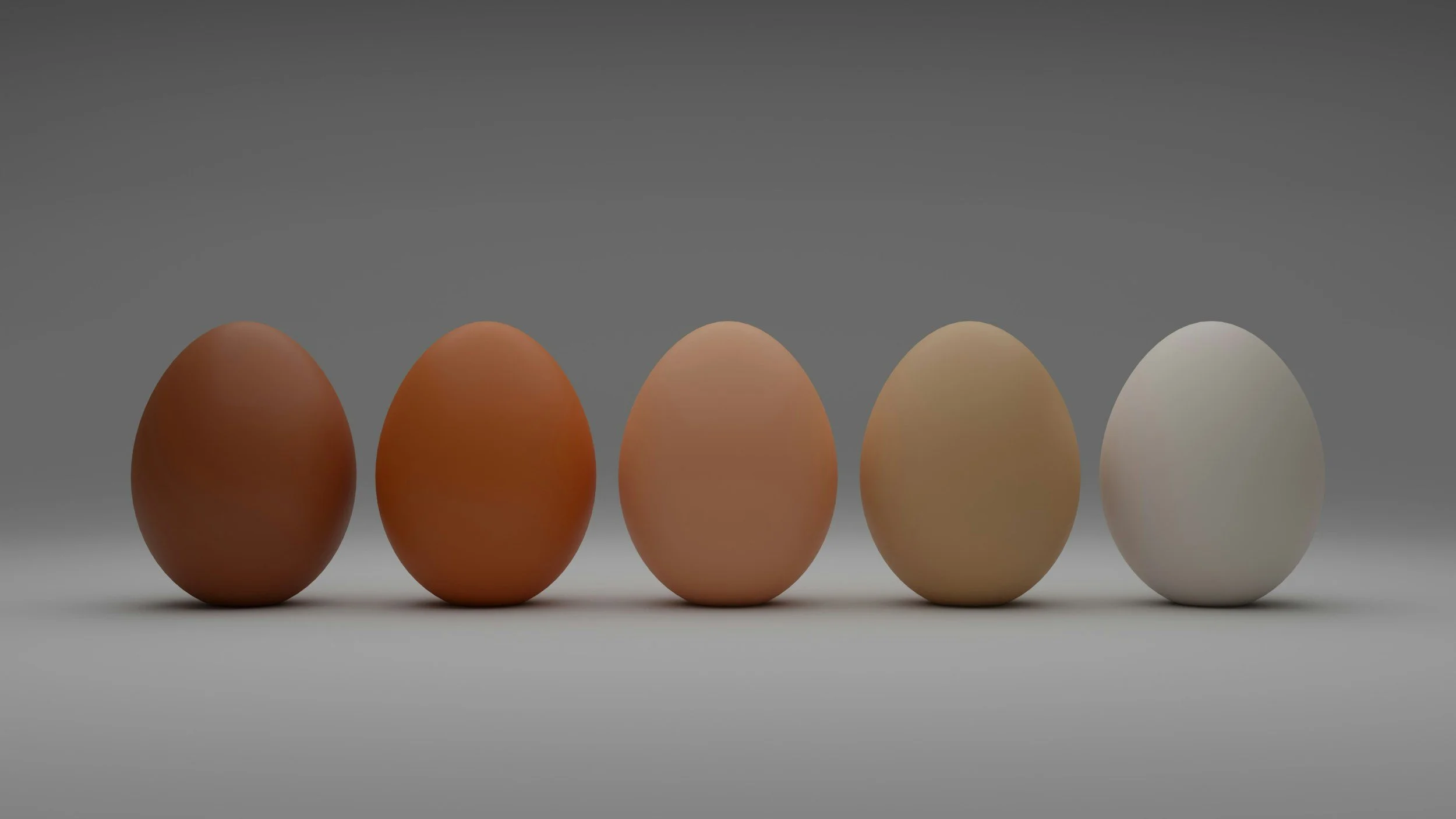 Five eggs in a row with varying shades from brown to white, placed on a gray surface against a plain gray background.