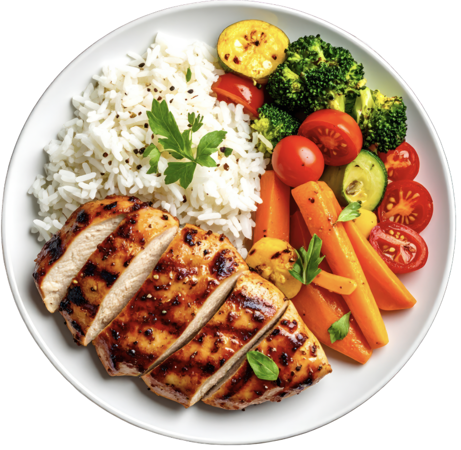 Grilled chicken breast with rice, cherry tomatoes, cucumber, broccoli, carrots, roasted corn, and garnished with parsley on a white plate.