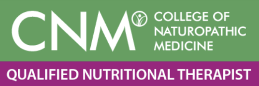 Logo for College of Naturopathic Medicine, featuring the text 'CNM' and 'College of Naturopathic Medicine', with a purple banner stating 'Qualified Nutritional Therapist'.