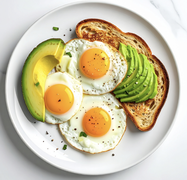 Plate with three sunny side up eggs, sliced avocado, toasted bread, and a lemon wedge.