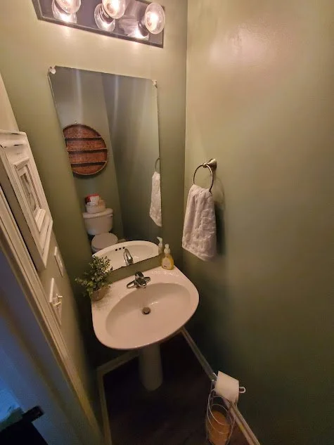 Small rental home powder room with a white pedestal sink and green walls. Property maintenance coordination in Apex, NC.