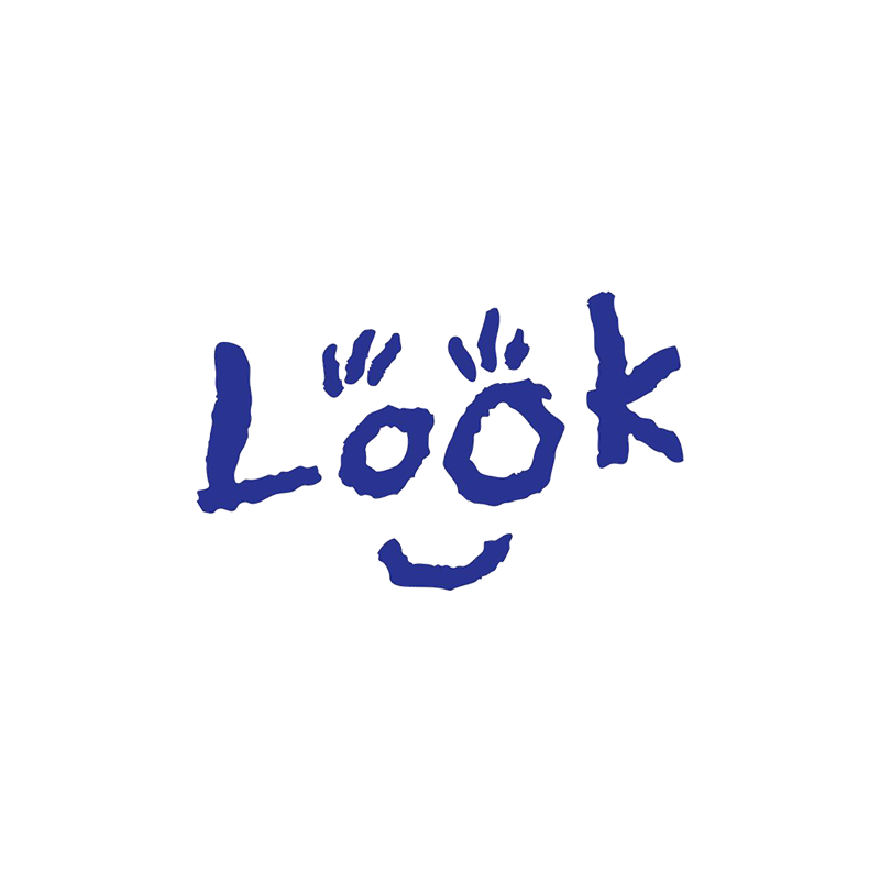 Logo for Look UK in hand-drawn blue text reading 'Look', making a smiley face using the two 'o's in the word.