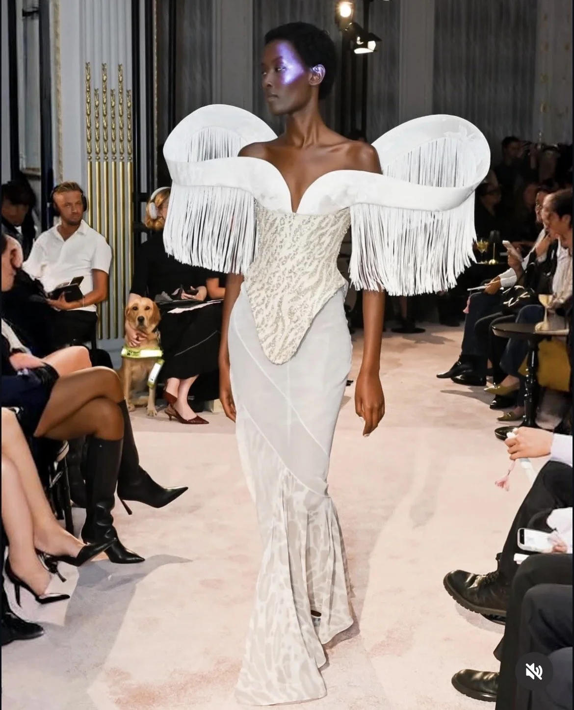 A model walks down a fashion runway wearing an elaborate white gown with sculptural shoulders, long fringe detailing and a fitted, patterned bodice. Seated guests line the runway, including a guide dog wearing a harness.