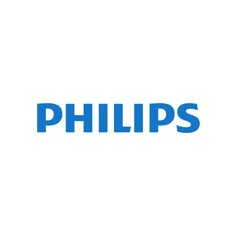 Logo of Philips Sound; Philips is written in capital letters, in blue.