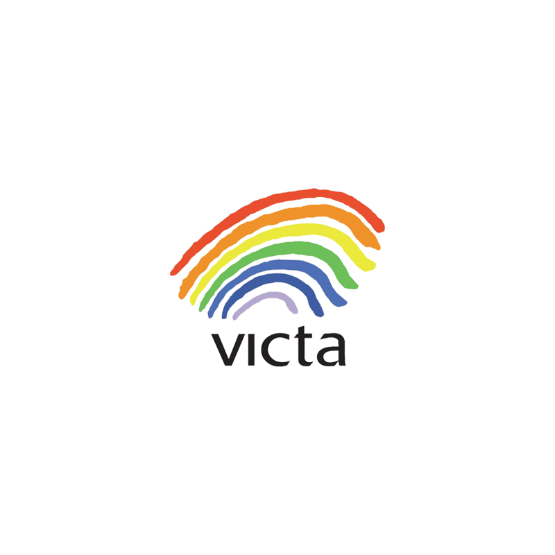 Logo of VICTA, with a colourful rainbow illustration above the organisation's name