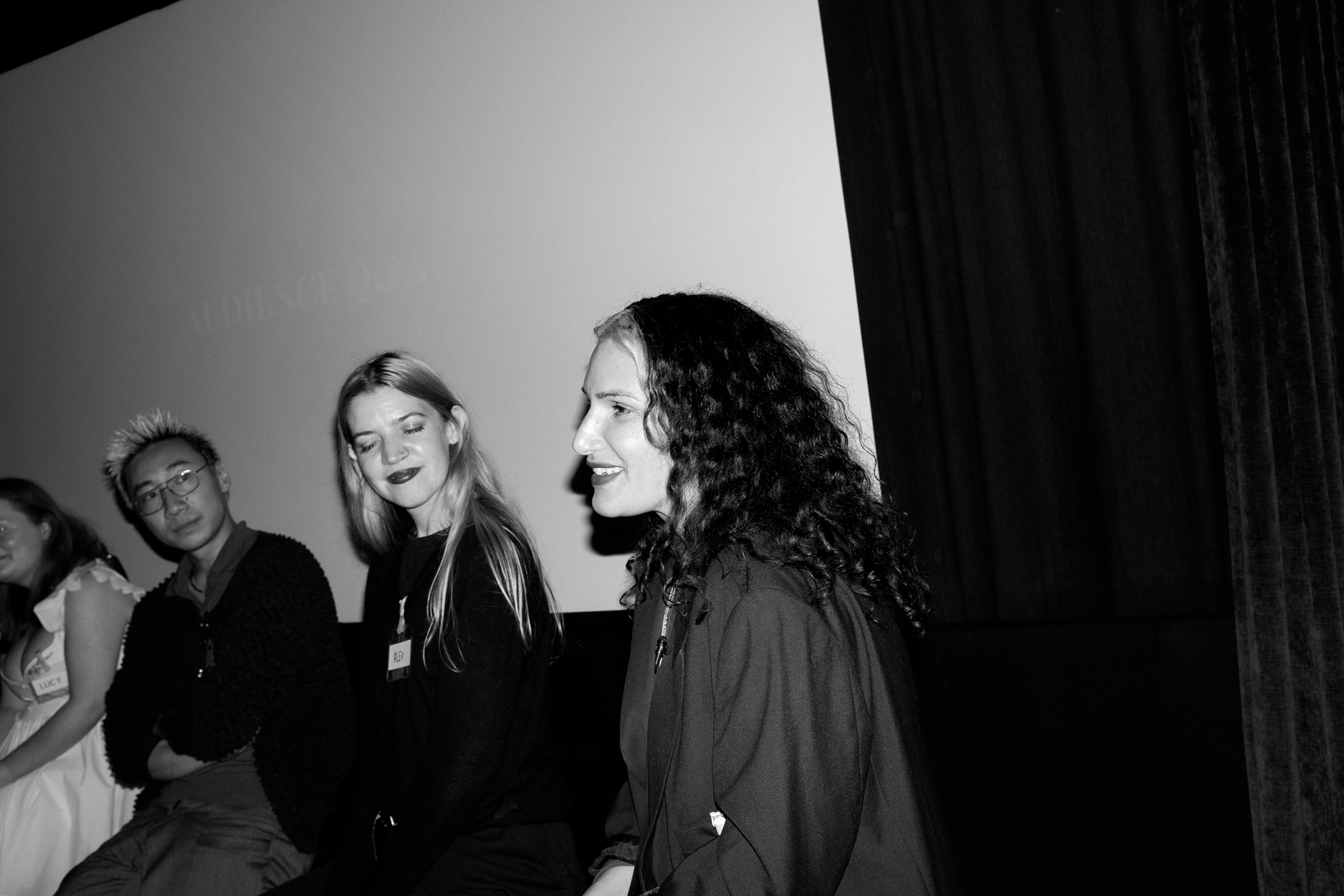 A black and white photo of the panel speakers including founder Anna Cofone, taken at the Beyond Vision film premiere.