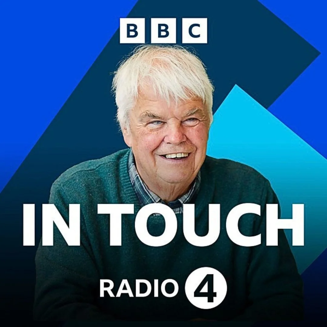 BBC Radio 4 *In Touch* promotional graphic featuring presenter Peter White against a blue and teal geometric background, with the “IN TOUCH” and BBC Radio 4 logos prominently displayed.