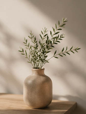 A ceramic vase with green leafy branches on a wooden surface, against a neutral wall background.