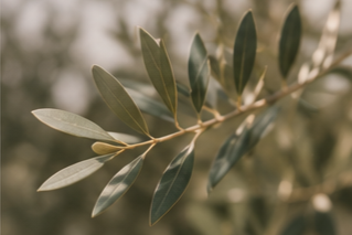 Close-up of an olive branch with green leaves