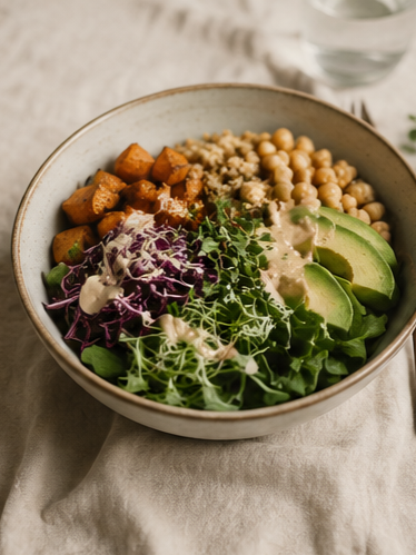 A bowl of salad with leafy greens, avocado slices, shredded purple cabbage, roasted sweet potatoes, chickpeas, and quinoa.