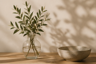 A clear glass vase with green leafy branches and an empty round stone bowl on a wooden surface with a shadowed background.