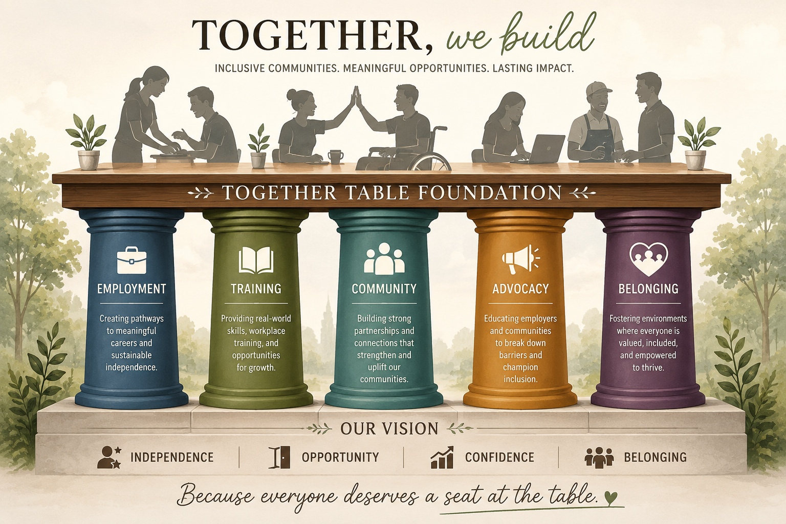 Illustration of a wooden table supported by five large colorful pillars labeled 'Employment,' 'Training,' 'Community,' 'Advocacy,' and 'Belonging,' with people engaging in community activities above the table and trees in the background. The message promotes inclusive communities and social impact.