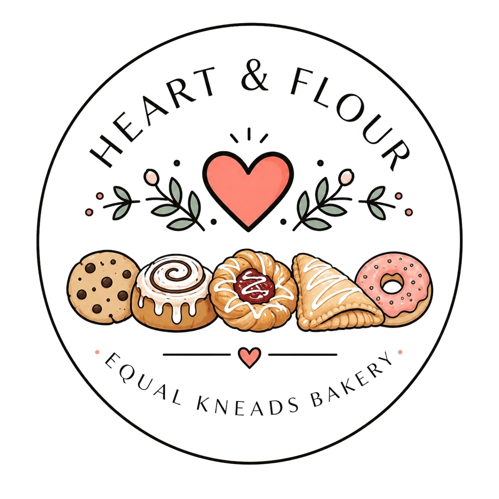 A circular bakery logo with the words 'Heart & Flour' at the top and 'Special Kneads Bakery' at the bottom, featuring a heart at the center surrounded by floral elements and baked goods.
