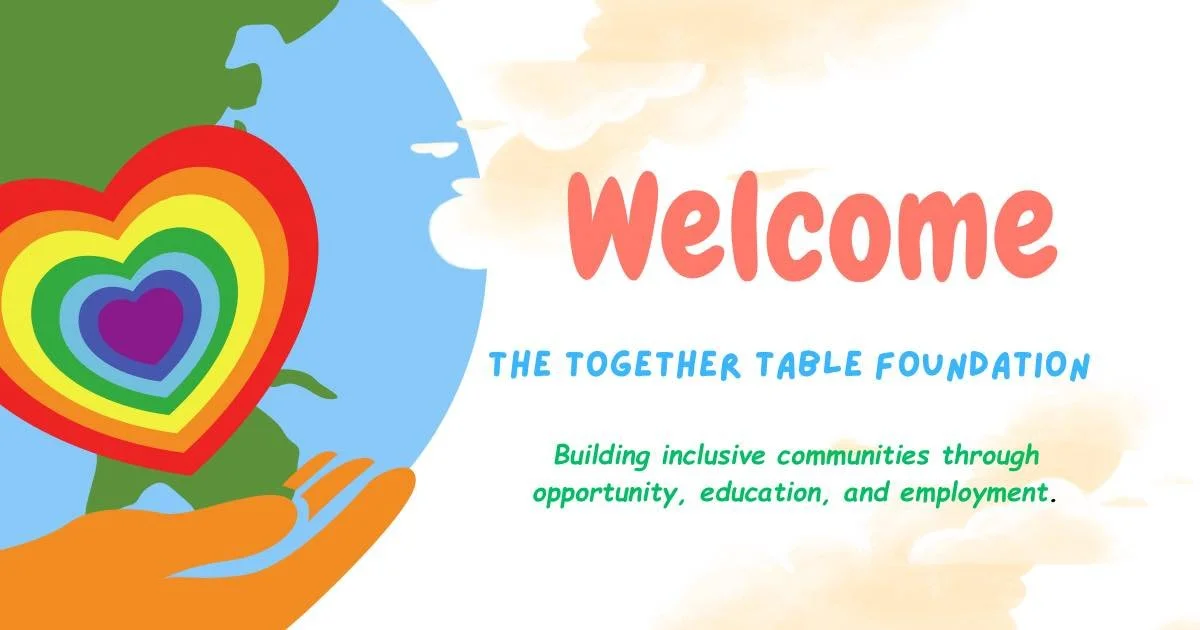 A colorful graphic of a globe held by an orange hand, with a rainbow-colored heart overlapping the globe, and the word 'Welcome' in large pink letters, followed by the text 'The Together Table Foundation' and a tagline 'Building inclusive communities through opportunity, education, and employment.'
