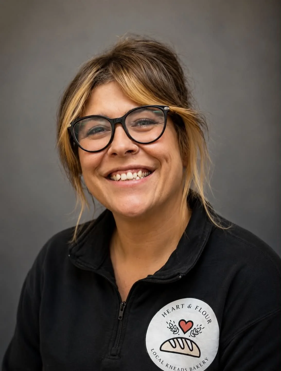 Portrait of a smiling woman wearing glasses and a black jacket with a bakery logo, against a gray background.