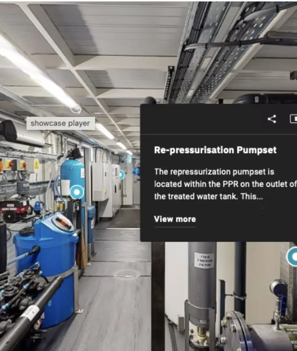 Industrial room with blue tanks, electrical panels, and equipment; informational overlay about a re-pressurisation pumpset.