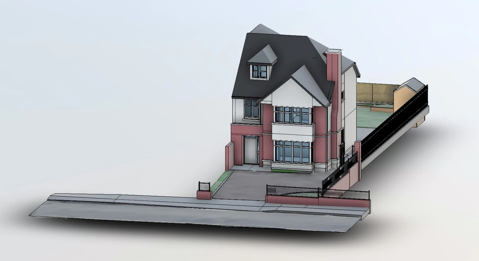 A detailed 3D architectural model of a multi-story house with a fenced yard, driveway, and a side extension resembling a ramp or pathway.