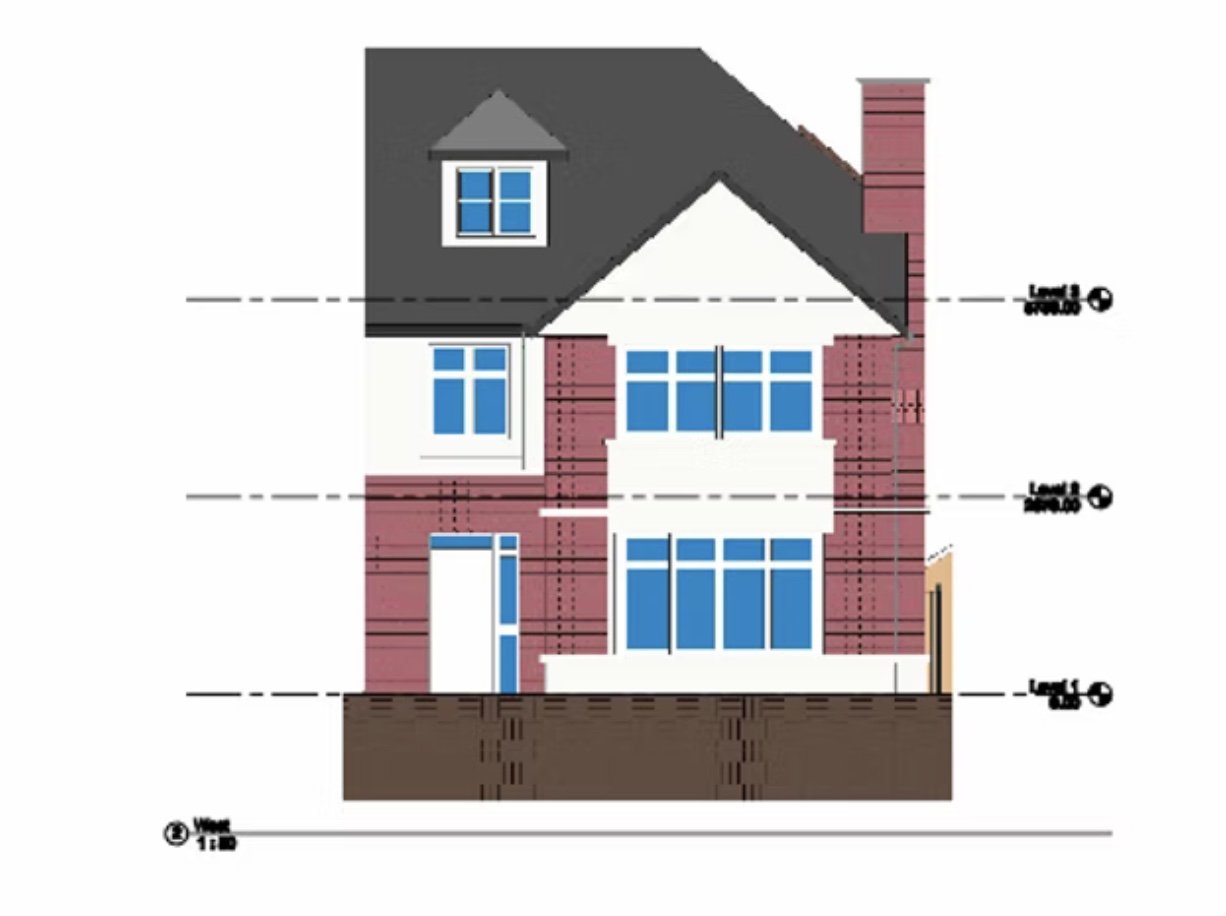 Architectural drawing of a multi-story house with dark gray roof, white walls, red brick accents, and blue-framed windows, showing structural details and level markings.