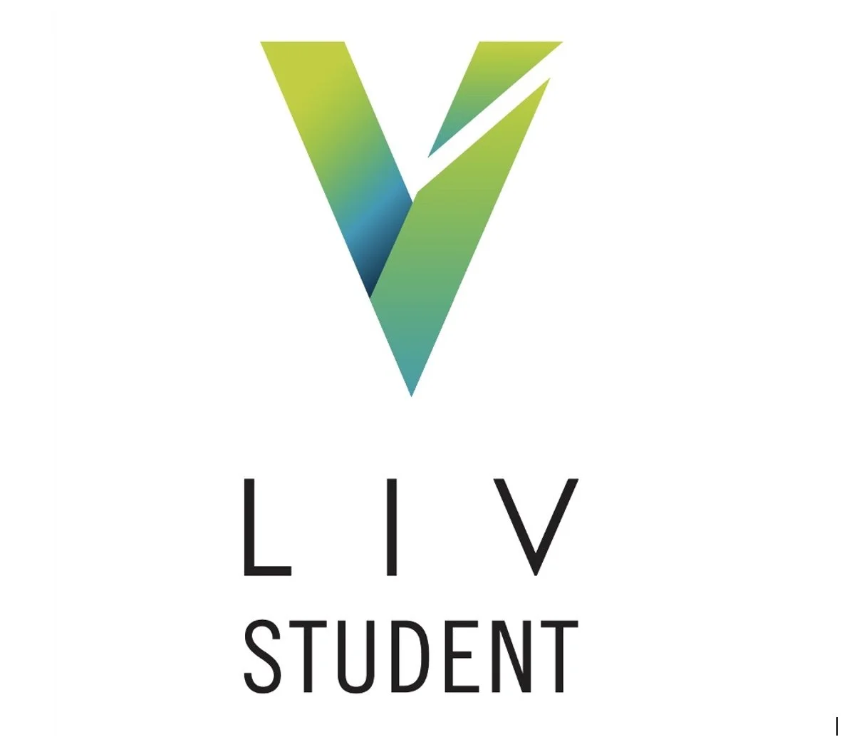 Logo with a stylized, colorful V shape above the words "LIV STUDENT" in black text.