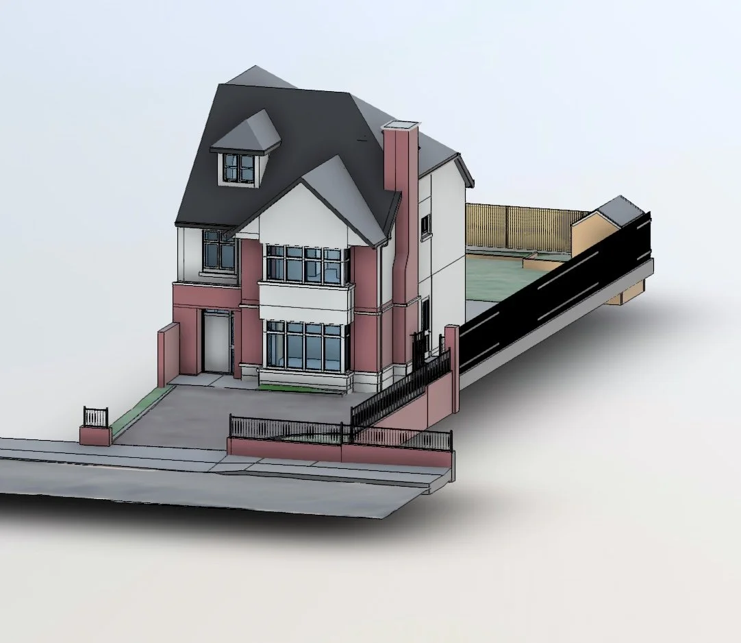 3D model of a multi-story house with a front yard, driveway, and fenced backyard, featuring a gabled roof, chimney, and large windows.