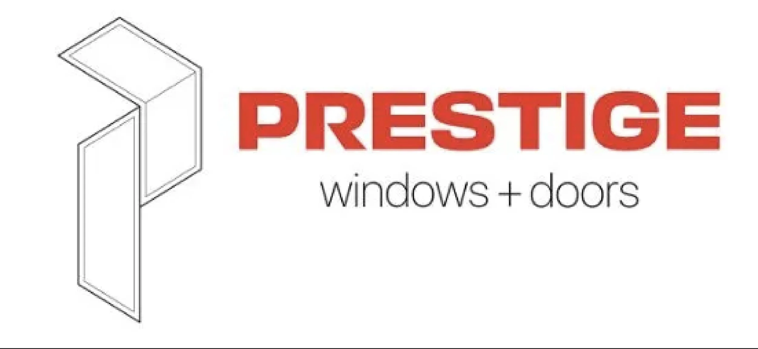 Logo for Prestige Windows + Doors featuring a simple outline of a window and the company name in bold red letters.