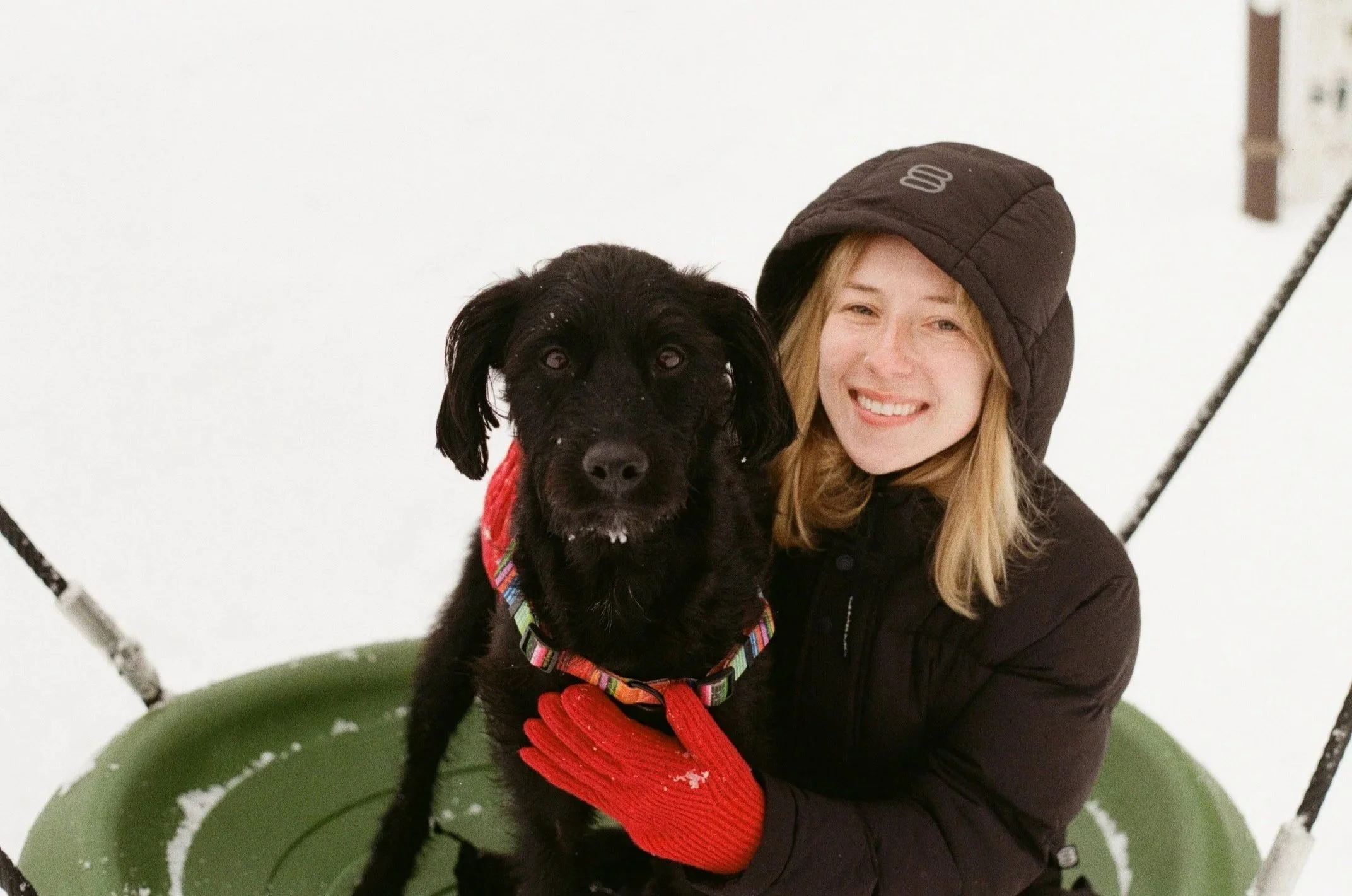 A woman with blonde hair wearing a brown hat and black jacket hugging a black dog with a red sweater and colorful collar, sitting on a swing in a snow-covered setting.