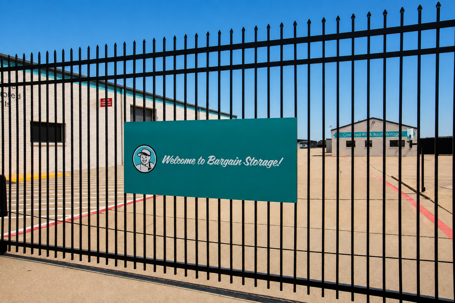 Wrought-iron entrance gate with the teal 'Welcome to Bargain Storage!' sign, enclosed unit building and Covered RV & Boat Storage building visible beyond the fence in Wylie, TX