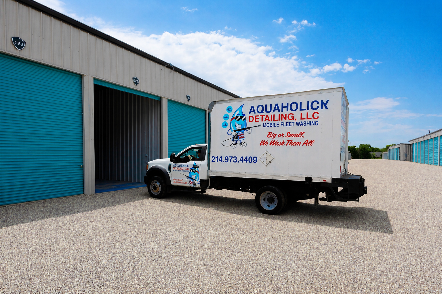 Mobile RV detailing service truck parked in front of an open enclosed unit at Carefree Enclosed Boat & RV Storage, Wylie, TX