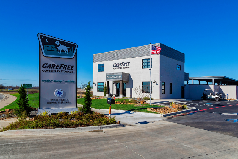 Exterior of the Carefree Covered RV Storage Welcome Center building at 3830 Parker Rd, Wylie, TX, where Osage Lane customers check in
