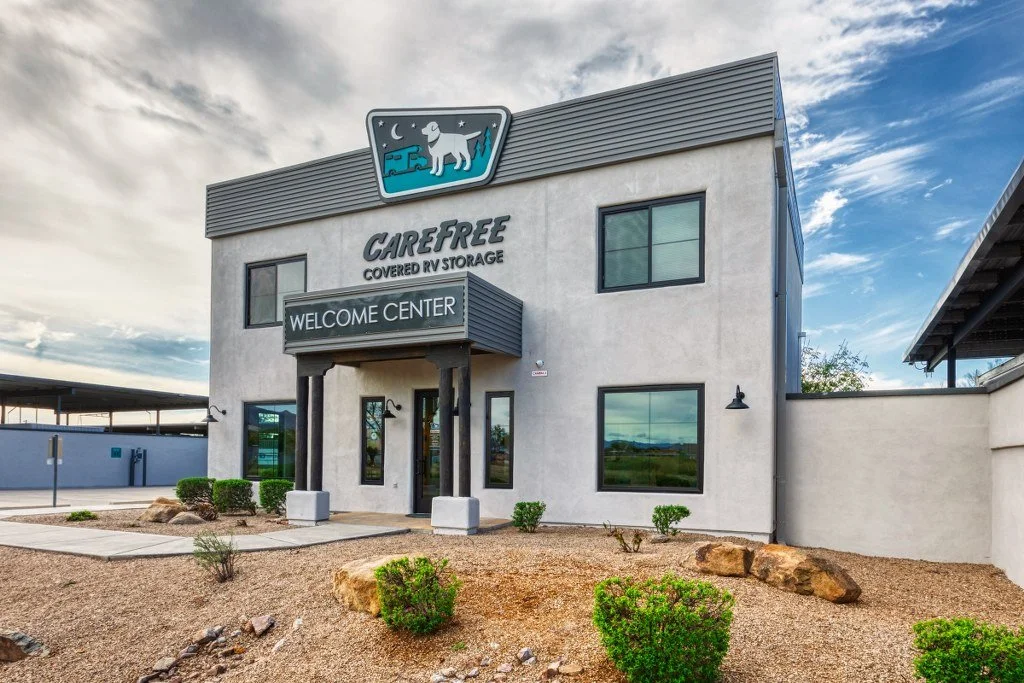 Exterior of the Carefree Covered RV Storage Welcome Center in Apache Junction, AZ