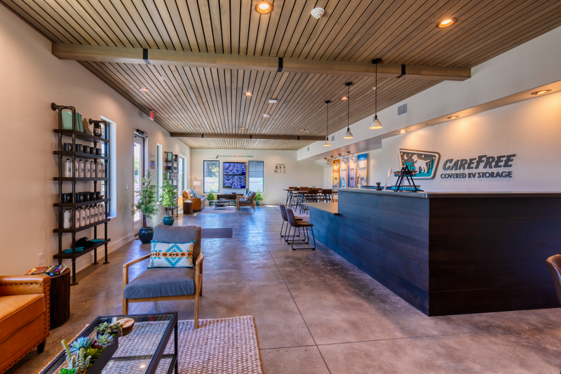 Welcome Center lobby and front desk at Carefree Covered RV Storage, Chandler Kyrene Rd AZ