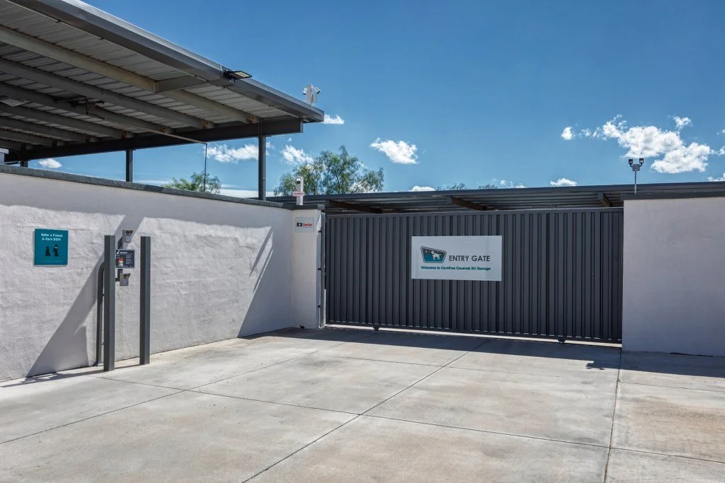 Keypad-controlled entry gate at the Apache Junction enclosed RV garage facility