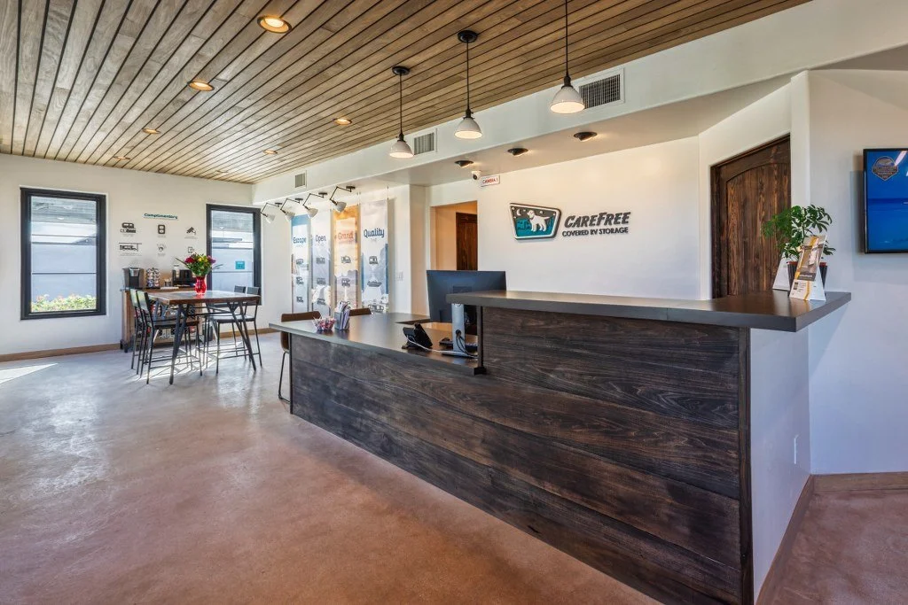 Clean, hospitable lobby inside the Welcome Center at Carefree Covered RV Storage, Apache Junction, AZ