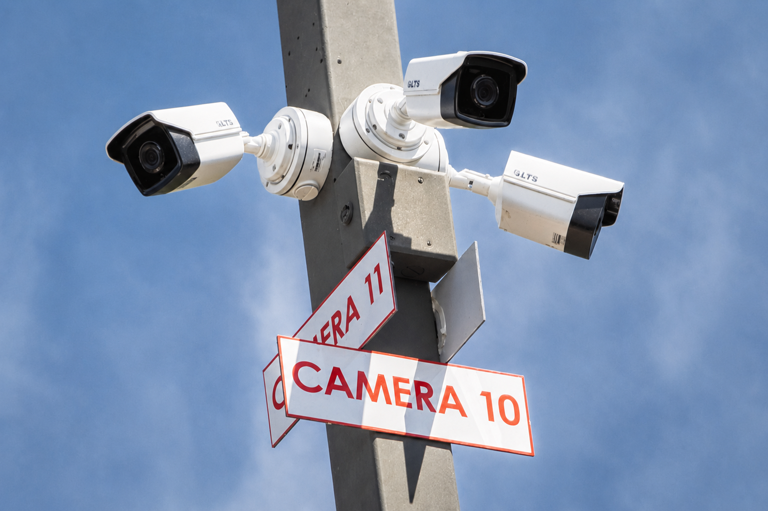 Numbered HD security cameras (Camera 10 and 11) on a pole at Carefree Covered RV Storage's Chandler Kyrene Rd location
