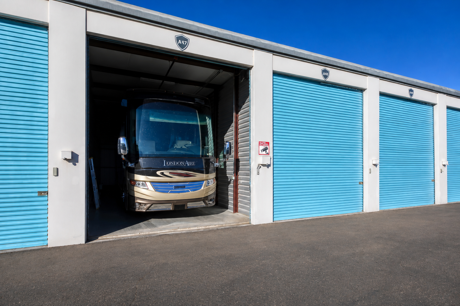 Row of enclosed RV garage unit doors with a motorhome parked inside an open unit at Carefree Covered RV Storage, Chandler Kyrene Rd AZ