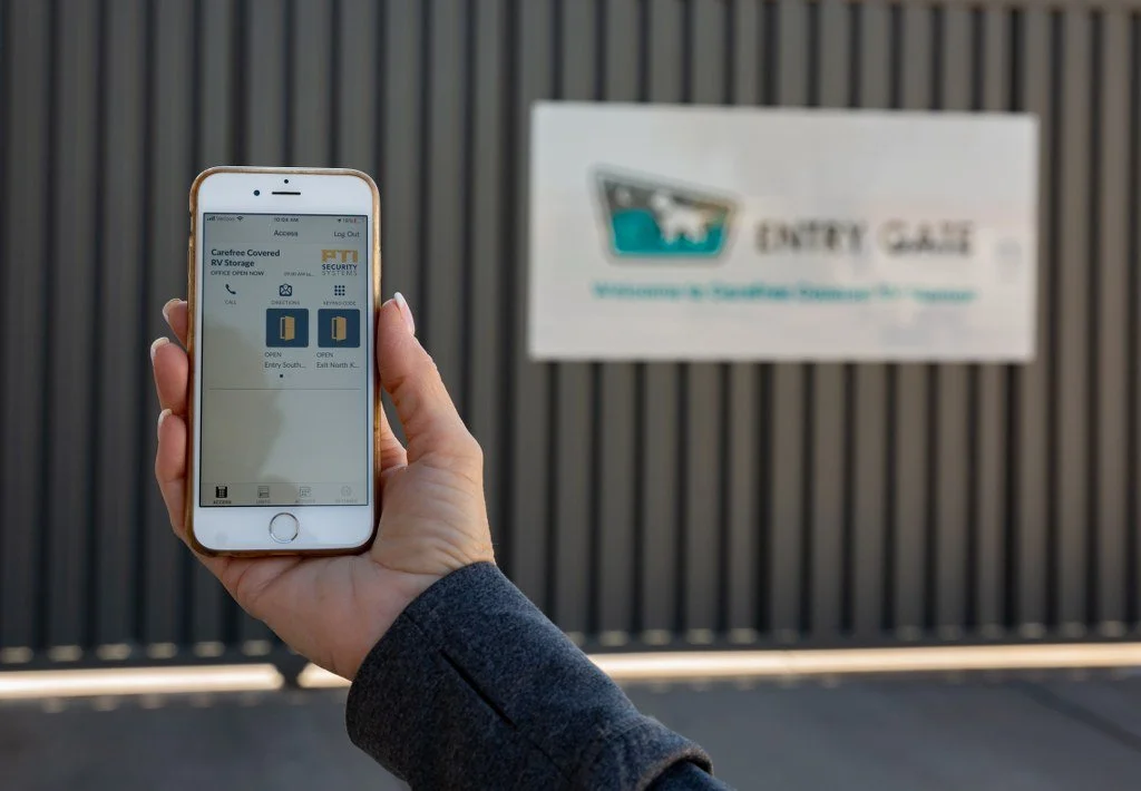 Using the mobile gate access app to enter the Apache Junction enclosed RV garage facility